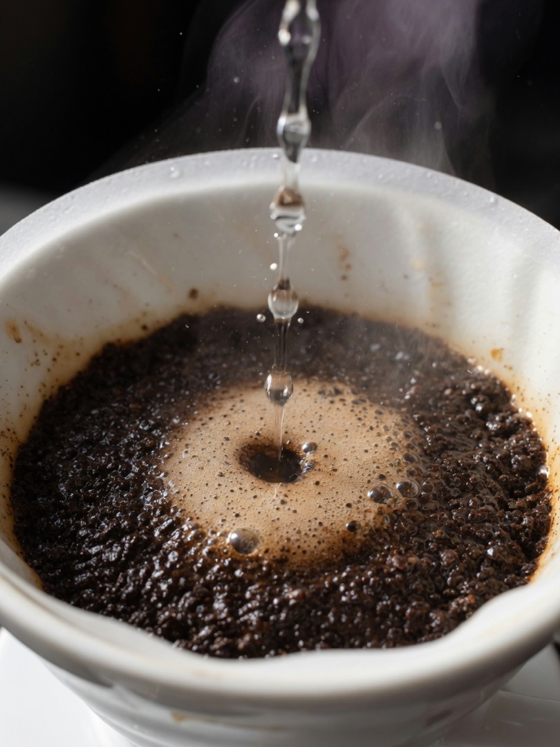 湯が挽いたコーヒー粉に落ちる、ドリップの抽出の瞬間