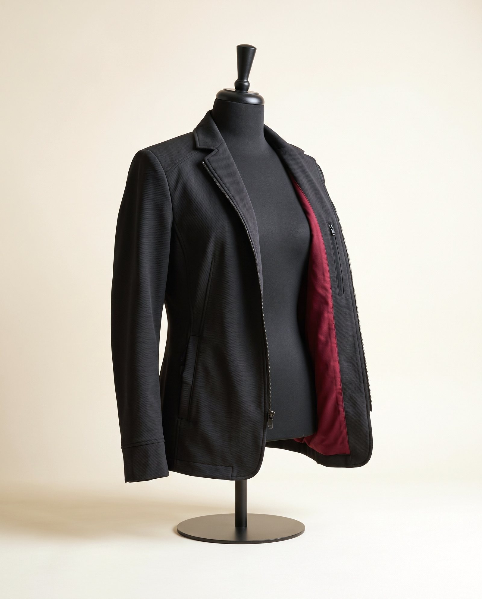 A charcoal tailored jacket with a deep red lining on a dress form, on a warm ivory ground: FINBRIDGE’s visual for FxPro