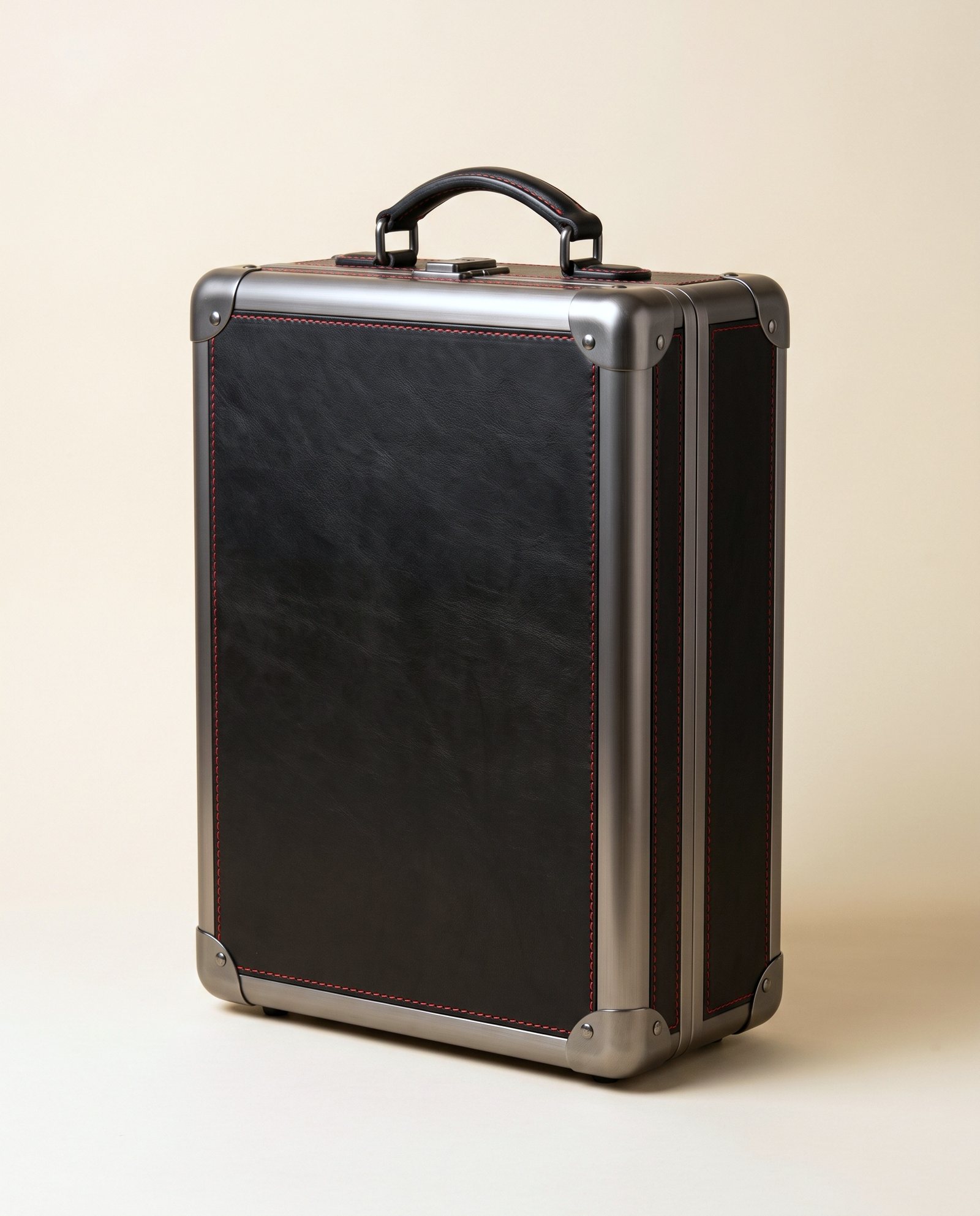 A travel case in black leather with red stitching and a silver metal frame on a warm ivory ground: FINBRIDGE’s visual for HFM