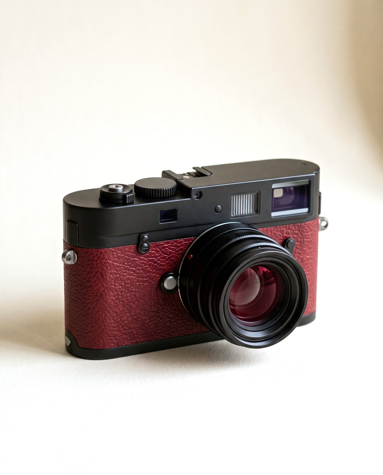 A rangefinder camera in black metal and deep red leather on a warm ivory ground: FINBRIDGE’s visual for XMTrading