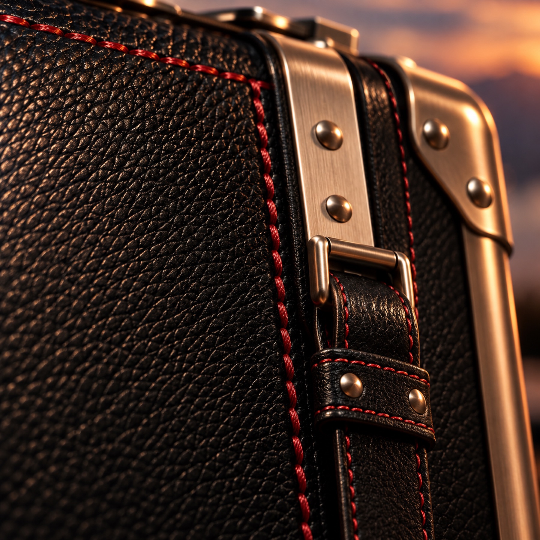 同じケースの黒革パネルと赤い縫い目、金属レールの接写。