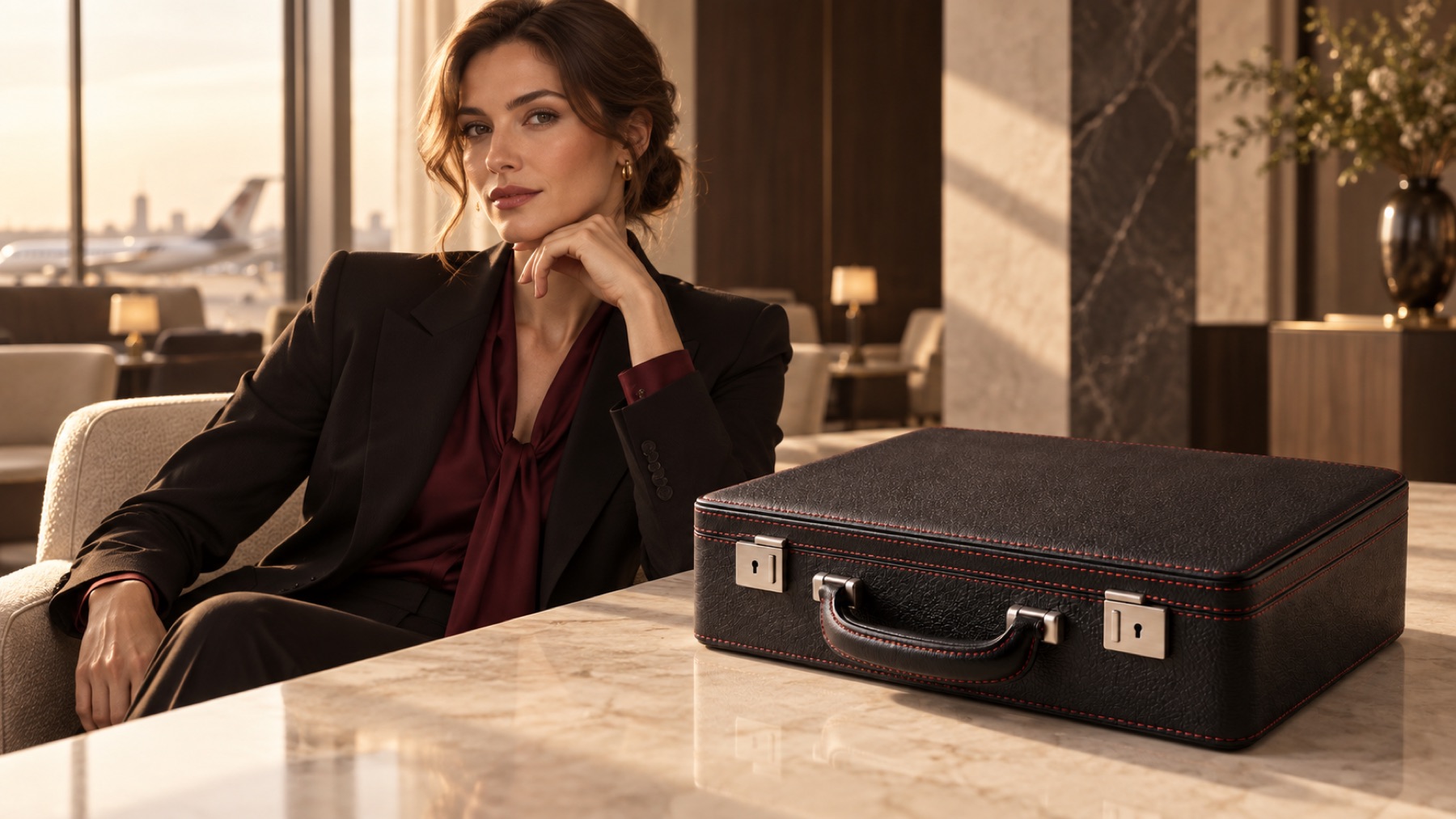 A woman in black tailoring beside a travel case made in black leather with red stitching